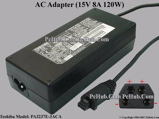 Toshiba Common Item (Toshiba) AC Adapter- Laptop PA3237E-3ACA, 15V 8A, 4 Hole (3-Prong),