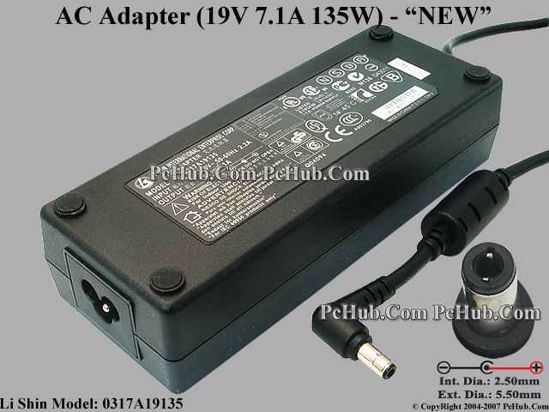 Li Shin 0317A19135 AC Adapter- Laptop 19V 7.1A, 5.5/2.5mm, 3-Prong, New