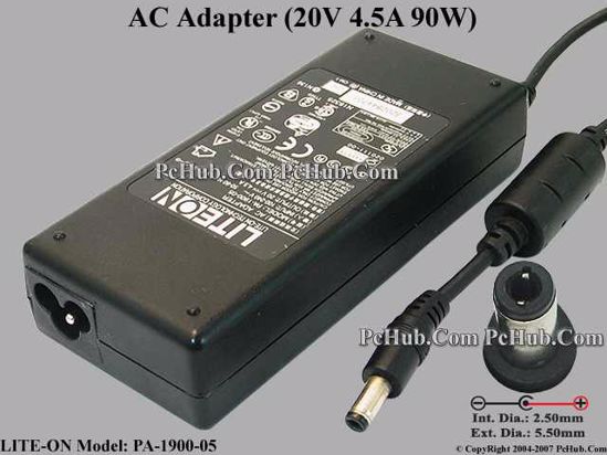 LITE-ON PA-1900-05 AC Adapter- Laptop 20V 4.5A, 5.5/2.5mm 12mm, 3-Prong