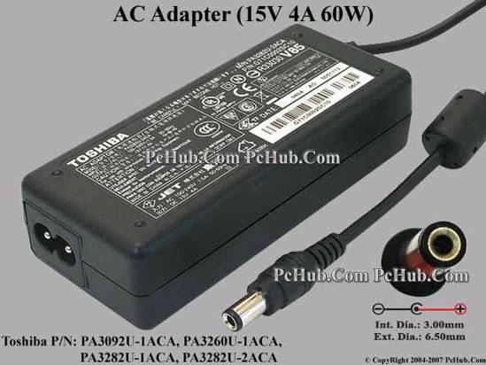 Toshiba Common Item (Toshiba) AC Adapter- Laptop 15V 4A, 6.3/3.0mm, 2-Prong