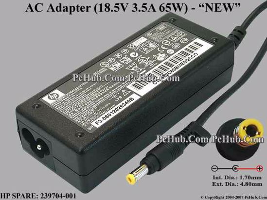 Compaq Common Item (Compaq) AC Adapter- Laptop 239704-001, 18.5V 3.5A, Tip A, NEW