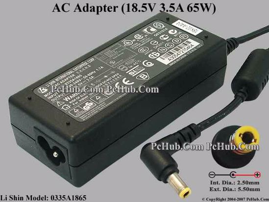 Li Shin 0335A1865 AC Adapter- Laptop 18.5V 3.5A, Barrel 5.5/2.5mm, 3-Prong