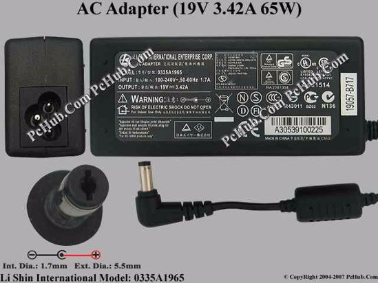 Li Shin 0335A1965 AC Adapter- Laptop 19V 3.42A, 5.5/1.7mm, 3-Prong