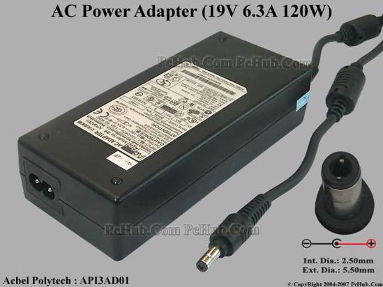 Acbel Polytech API3AD01 AC Adapter- Laptop 19V 6.3A, 5.5/2.5mm 12mm, 2-Prong