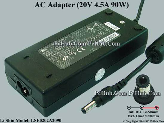 Li Shin LSE0202A2090 AC Adapter- Laptop 20V 4.5A, 5.5/2.5mm 12mm Length, 3-Prong