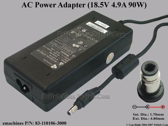 eMachines Common Item (eMachines) AC Adapter- Laptop 83-110106-1000, 18.5V 4.9A, Tip T