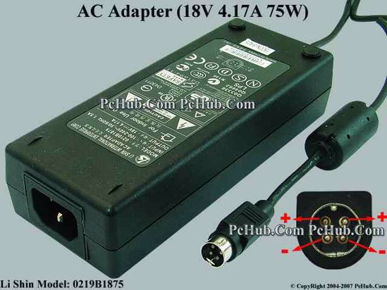 Li Shin 0219B1875 AC Adapter- Laptop 18V 4.17A, 4-Pin P1 4=V