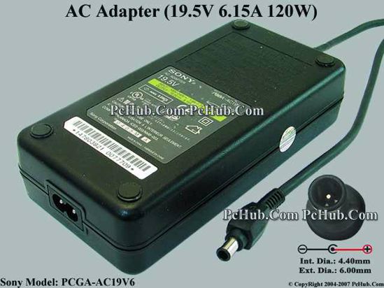 Sony Vaio Parts AC Adapter- Laptop 19.5V 6.15A, 6.0/4.4mm With Pin, 2-Prong