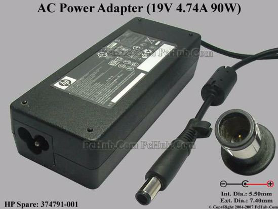 HP Common Item (HP) AC Adapter- Laptop 374791-001, 19V 4.74A, Pin