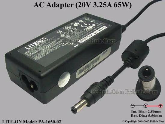 LITE-ON PA-1650-02 AC Adapter- Laptop 20V 3.25A, 5.5/2.5mm, 3-Prong