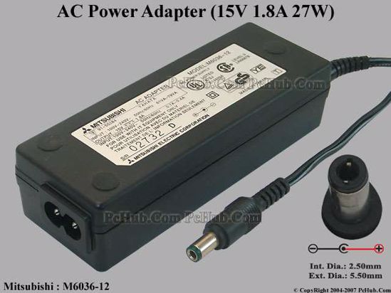 Mitsubishi Common Item (Mitsubishi) AC Adapter- Laptop M6036-12, 15V 1.8A, Tip C