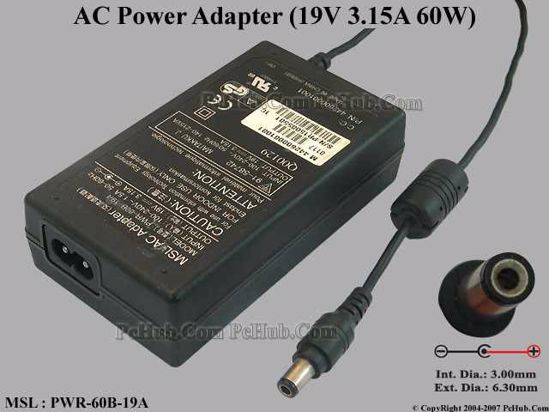 MSL PWR-60B-19A AC Adapter- Laptop 19V 3.15A, 6.3/3.0mm, 2-Prong