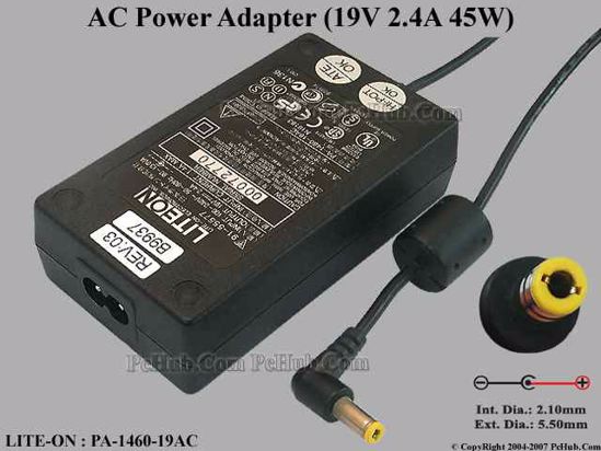 LITE-ON PA-1460-19AC AC Adapter- Laptop 19V 2.4A, 5.5/2.1mm, 2-Prong