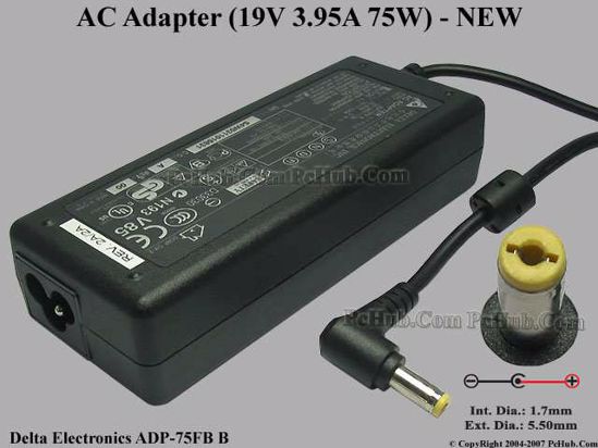 Delta Electronics ADP-75FB B AC Adapter- Laptop 19V 3.95A, 5.5/1.7mm, 3-Prong, New