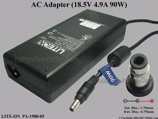 LITE-ON PA-1900-05 AC Adapter- Laptop 18.5V 4.9A, 4.75/1.7mm, 3-Prong