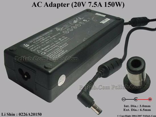 Li Shin 0226A20150 AC Adapter- Laptop 20V 7.5A, 6.5/3.0mm, 3-Prong