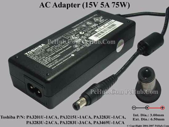 Toshiba Common Item (Toshiba) AC Adapter- Laptop 15V 5A, Tip D, (2-prong)