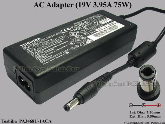 Toshiba Common Item (Toshiba) AC Adapter- Laptop 19V 3.95A, Barrel 5.5/2.5mm, 2-Prong