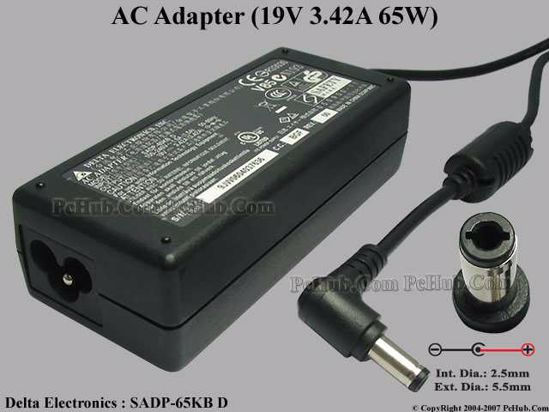 Delta Electronics SADP-65KB AC Adapter- Laptop 19V 3.42A, 5.5/2.5mm, 3-Prong