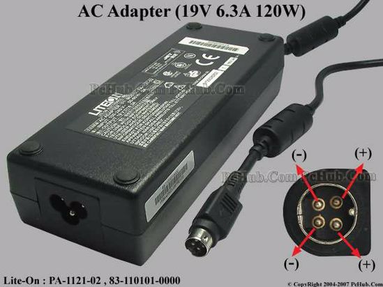 LITE-ON PA-1121-02 AC Adapter- Laptop 19V 6.3A, 4-Pin P1 4=V