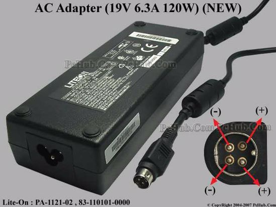 LITE-ON PA-1121-02 AC Adapter- Laptop 19V 6.3A, 4-Pin P1 4=V