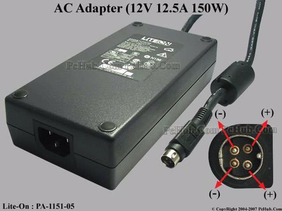 LITE-ON PA-1151-05 AC Adapter- Laptop 12V 12.5A 4-pin DIN, P1 4=V