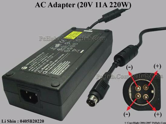 Li Shin 0405B20220 AC Adapter- Laptop 20V 11A, 4-Pin, P1 4=