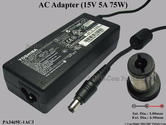 Toshiba Common Item (Toshiba) AC Adapter- Laptop PA3469E-1AC3, 15V 5A, Tip D