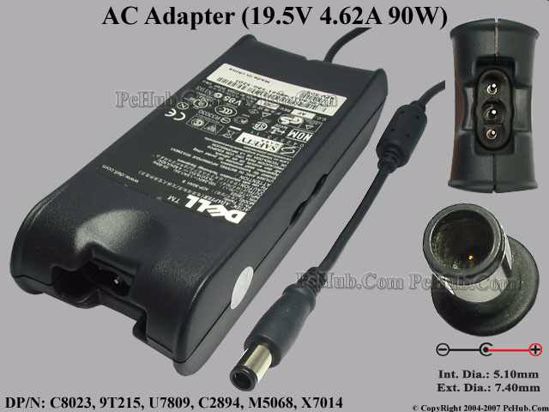 Dell Common Item (Dell) AC Adapter- Laptop 19.5V 4.62A, 7.4/5.0mm With Pin, 3-Prong Flat