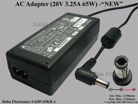 Delta Electronics SADP-65KB AC Adapter- Laptop 20V 3.25A, 5.5/2.5mm, 3-Prong, New