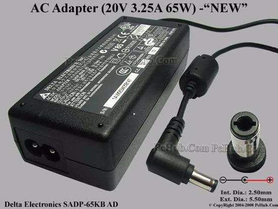 Delta Electronics SADP-65KB AC Adapter- Laptop 20V 3.25A, 5.5/2.5mm, 2-Prong, New