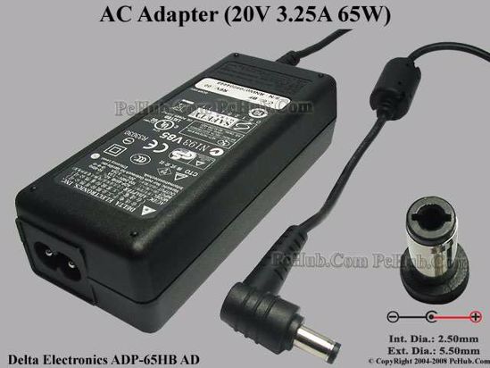 Delta Electronics ADP-65HB AD AC Adapter- Laptop 20V 3.25A, 5.5/2.5mm, 2-Prong