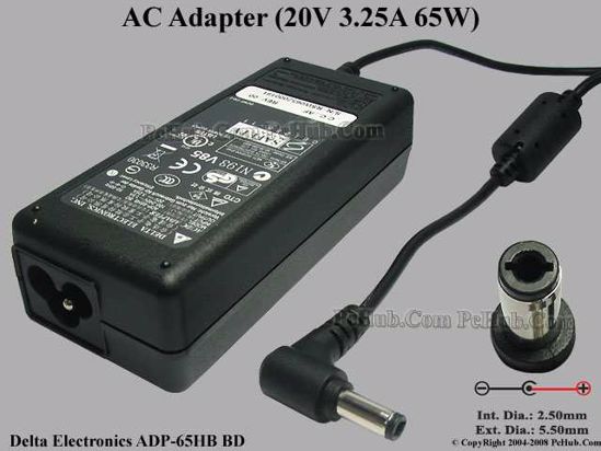 Delta Electronics ADP-65HB BD AC Adapter- Laptop 20V 3.25A, 5.5/2.5mm, 3-Prong