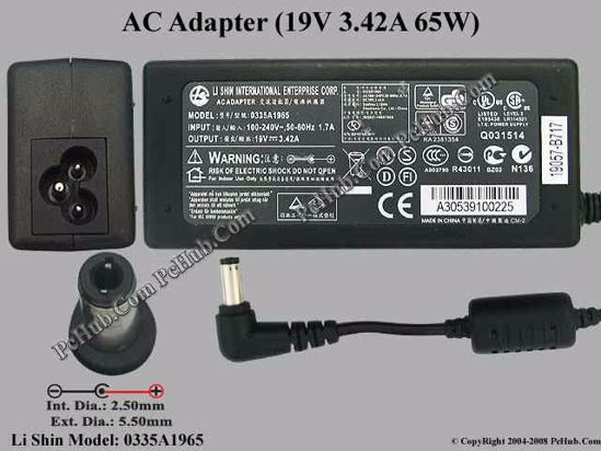 Li Shin 0335A1965 AC Adapter- Laptop 19V 3.42A, 5.5/2.5mm, 3-Prong