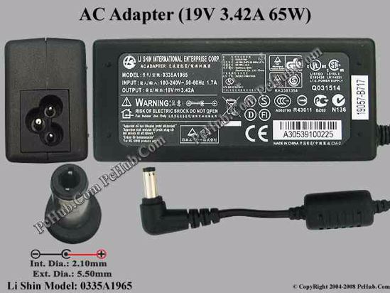 Li Shin 0335A1965 AC Adapter- Laptop 19V 3.42A,Tip B,NEW