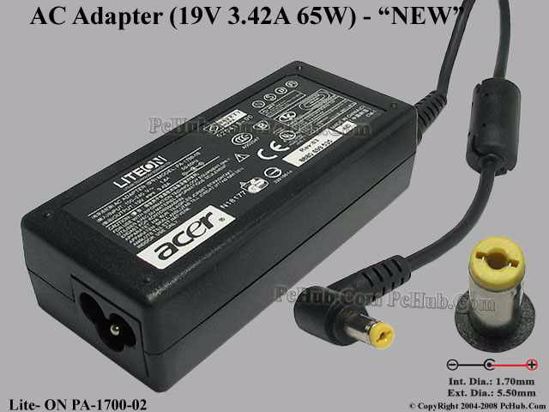 LITE-ON PA-1700-02 AC Adapter- Laptop 19V 3.42A, 5.5/1.7mm, 3-Prong, NEW