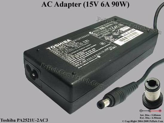 Toshiba Common Item (Toshiba) AC Adapter- Laptop 15V 6A, 6.3/3.0mm, 3-Prong