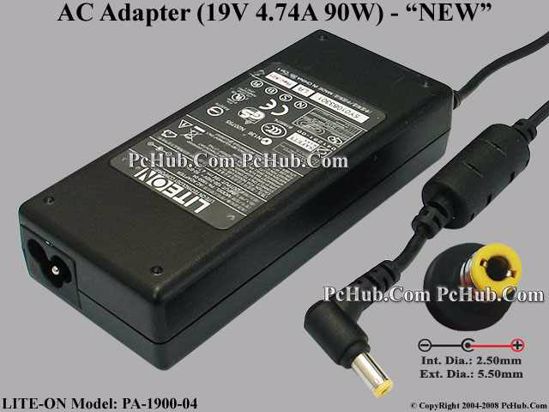 LITE-ON PA-1900-04 AC Adapter- Laptop 19V 4.74A, 5.5/2.5mm, 3-Prong, New