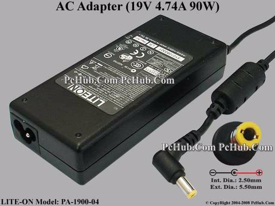 LITE-ON PA-1900-04 AC Adapter- Laptop 19V 4.74A, 5.5/2.5mm, 3-Prong