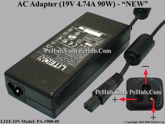 LITE-ON PA-1900-05 AC Adapter- Laptop 19V 4.74A, 3-Hole, 3-Prong