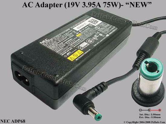 NEC Common Item (NEC) AC Adapter- Laptop 19V 3.95A, 5.5/2.5mm, 2-Prong, New