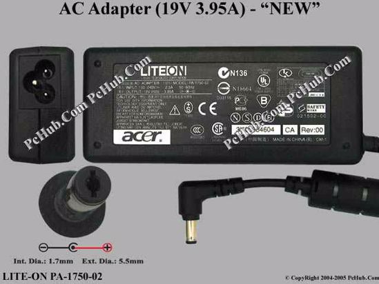 LITE-ON PA-1750-02 AC Adapter- Laptop 19V 3.95A, 5.5/1.7mm, 3-Prong, New