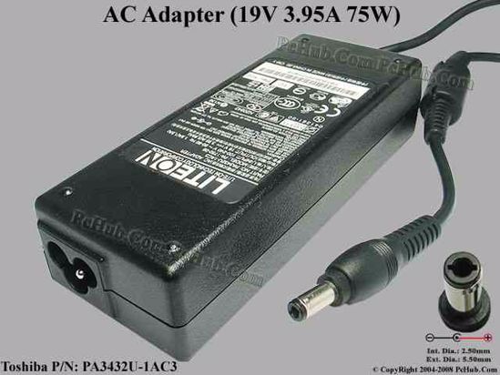 Toshiba Common Item (Toshiba) AC Adapter- Laptop 19V 3.95A, 5.5/2.5mm, 3-Prong