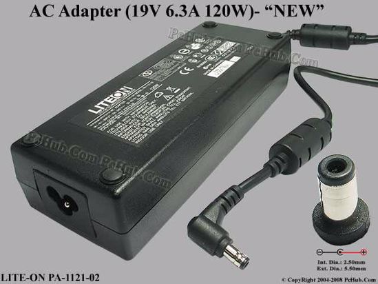 LITE-ON PA-1121-02 AC Adapter- Laptop 19V 6.3A, 5.5/2.5mm, 3-Prong, New