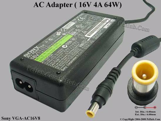 Sony Vaio Parts AC Adapter- Laptop 16V 4A, 6.5/4.3mm, 2-Prong