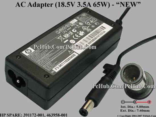 HP Common Item (HP) AC Adapter- Laptop 18.5V 3.5A, 7.4/5.0mm With Pin, 3-Prong, New