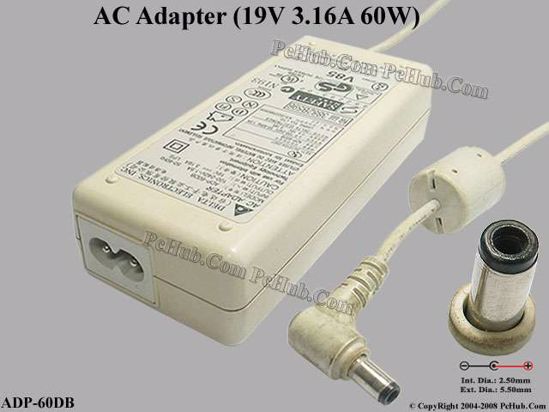 Delta Electronics ADP-60DB AC Adapter- Laptop 19V 3.16A, 5.5/2.5mm, 2-Prong, White