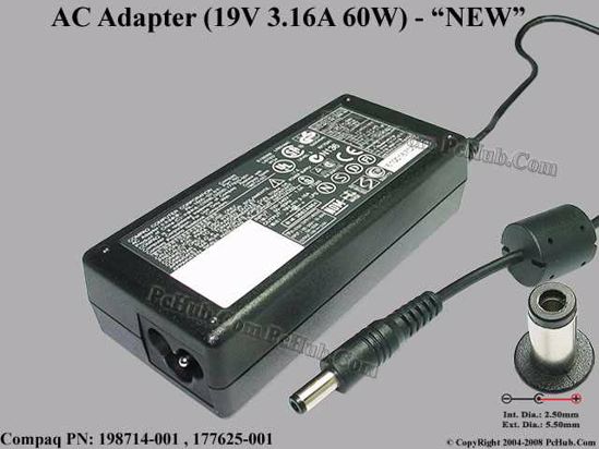 Compaq Common Item (Compaq) AC Adapter- Laptop 19V 3.16A, 5.5/2.5mm, 3-Prong, New