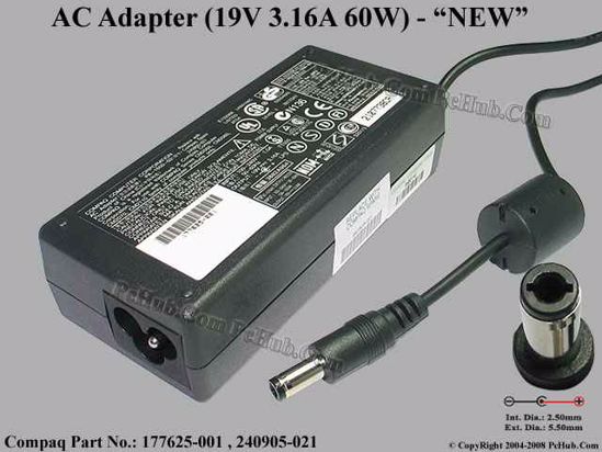 Compaq Common Item (Compaq) AC Adapter- Laptop 19V 3.16A, 5.5/2.5mm, 3-Prong, New