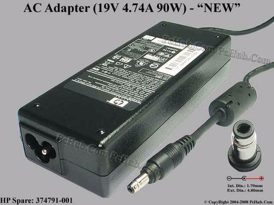 HP Common Item (HP) AC Adapter- Laptop 374791-001, 19V 4.74A, Tip T, NEW